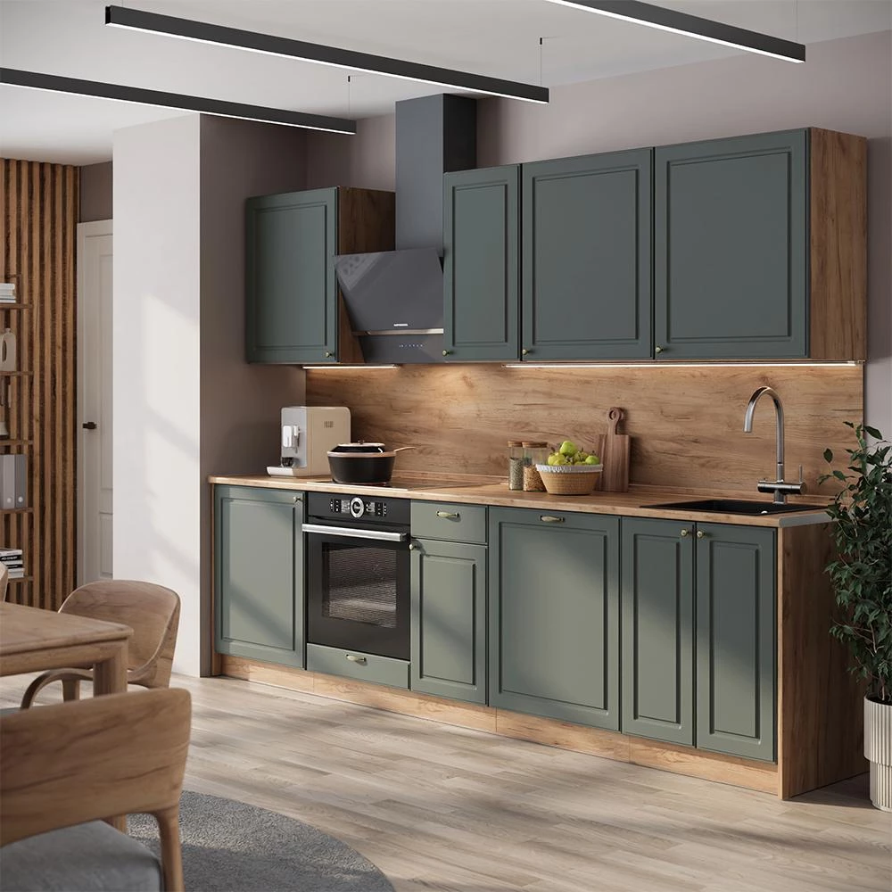 Cucina componibile Fame-Line Verde-oro country/Rovere dorato 280 cm senza piano di lavoro Vicco