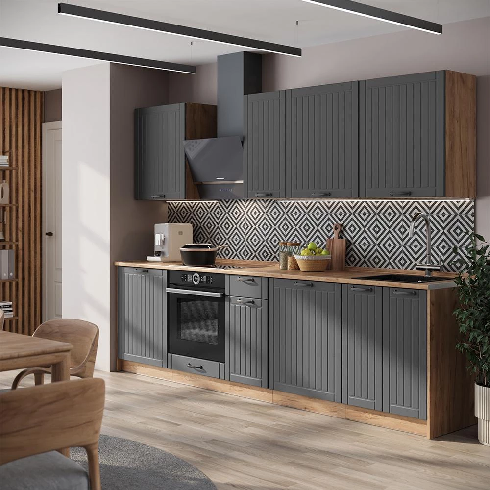 Cucina componibile Fame-Line Grigio scuro/Rovere dorato 280 cm senza piano di lavoro Vicco