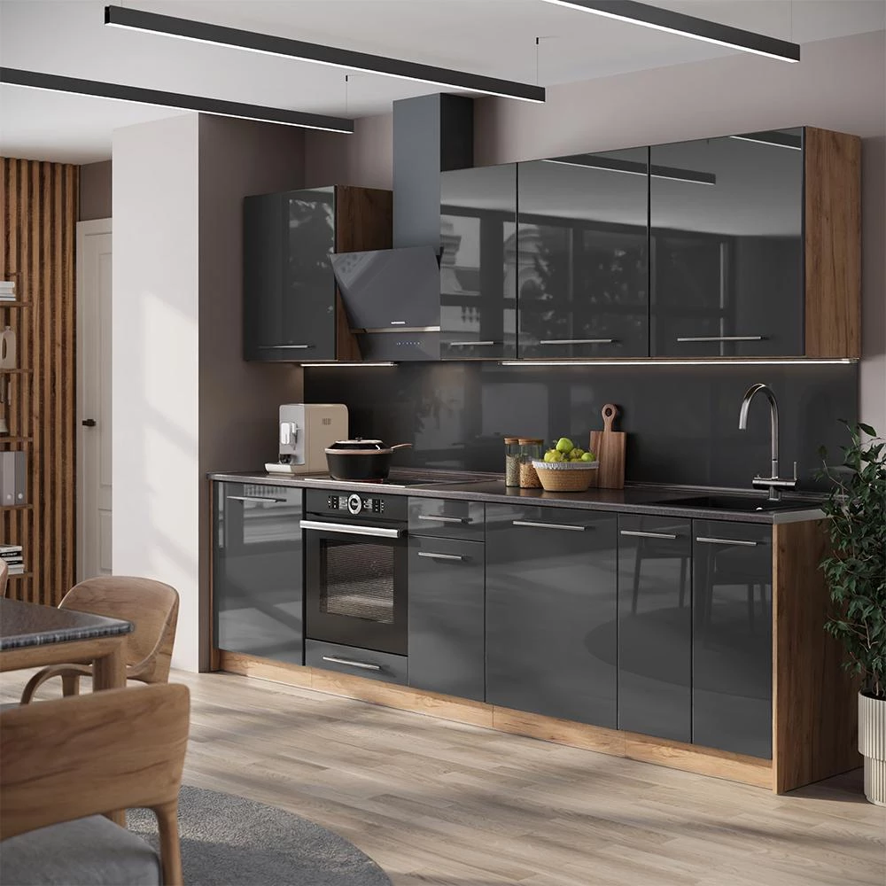 Cucina componibile Fame-Line Antracite lucido/Rovere dorato 280 cm piano di lavoro Marmo Vicco