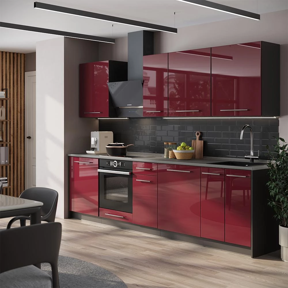 Cucina componibile Fame-Line Bordeaux lucido/Antracite 280 cm piano di lavoro Rovere dorato Vicco