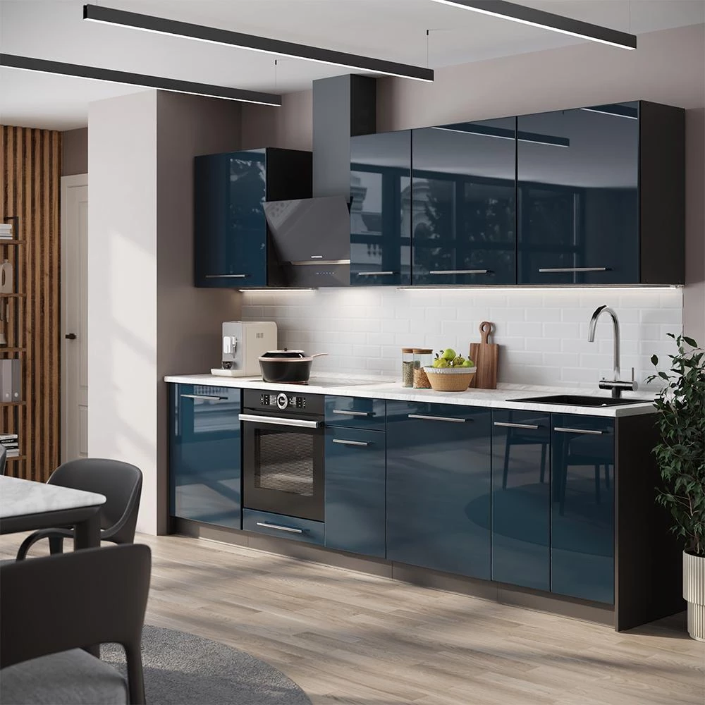 Cucina componibile Fame-Line Blu scuro lucido/Antracite 280 cm piano di lavoro Marmo Vicco