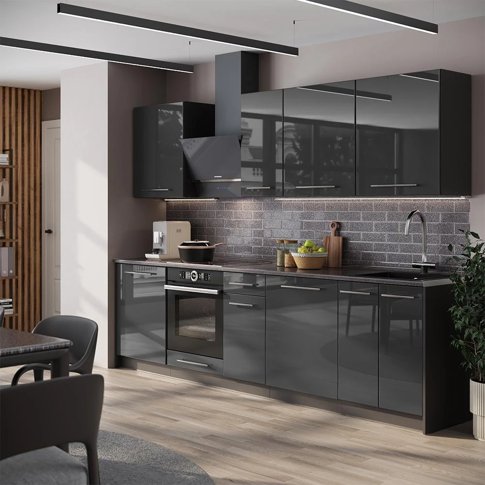 Cuisine Fame-Line Anthracite Haute brillance/Anthracite 280cm plan de travail Marbre Vicco