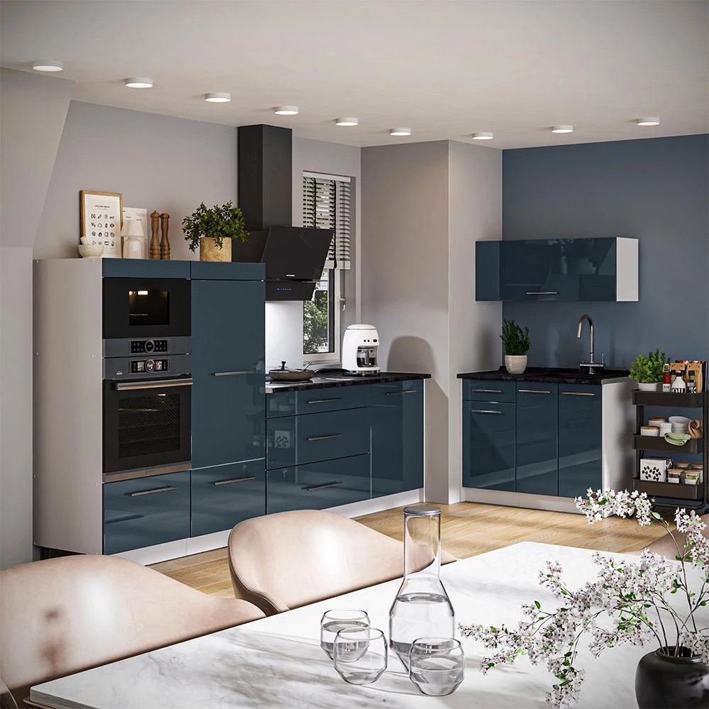 Cucina Fame-Line Blu scuro lucido/Bianco 380 cm piano di lavoro Antracite Vicco