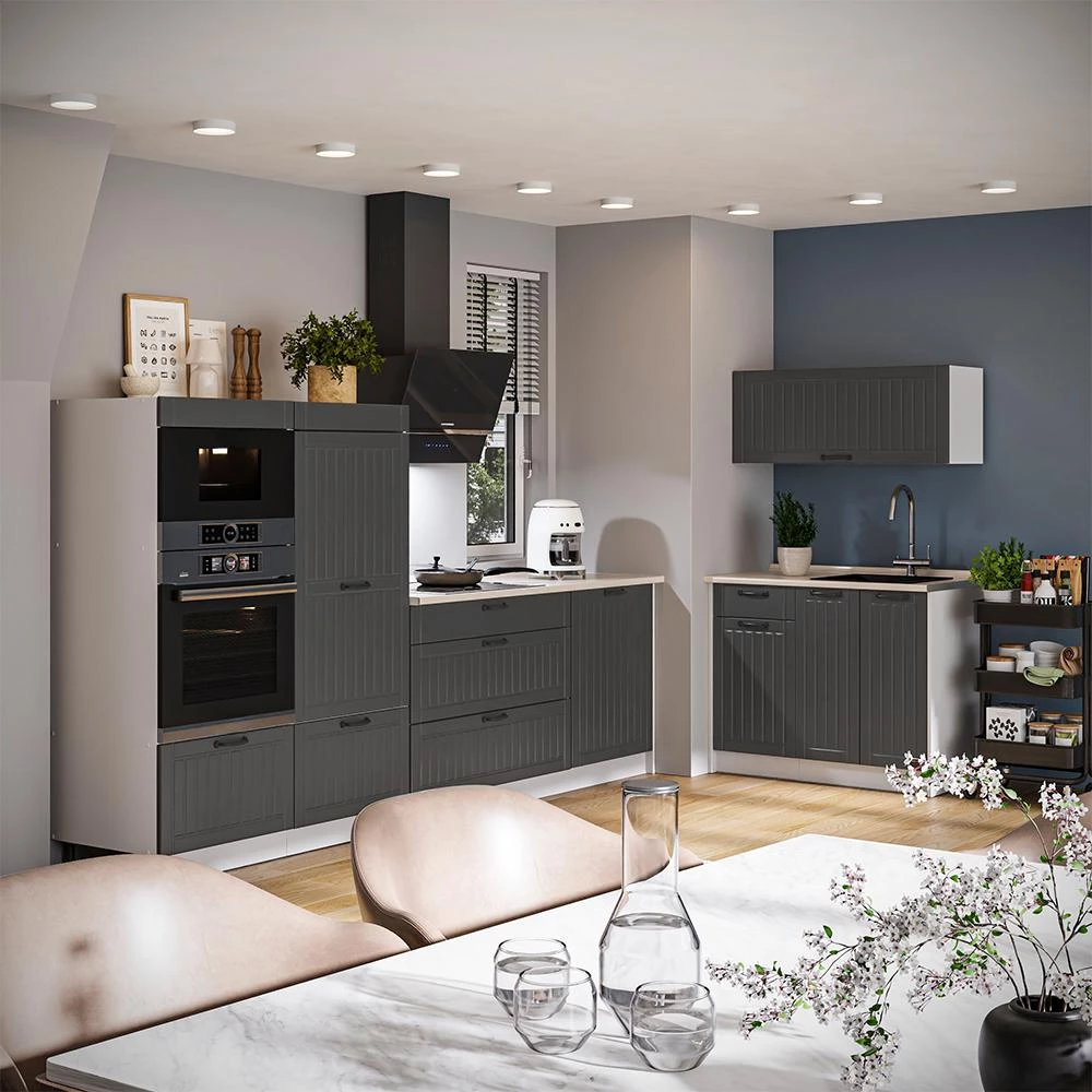 Cucina Fame-Line Grigio scuro/Bianco 380 cm piano di lavoro Rovere dorato Vicco