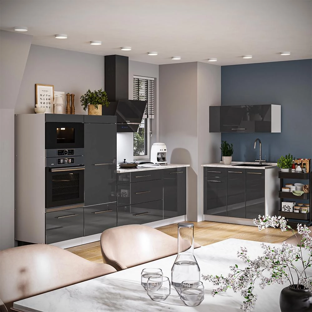 Cucina Fame-Line Antracite lucido/Bianco 380 cm piano di lavoro Rovere dorato Vicco