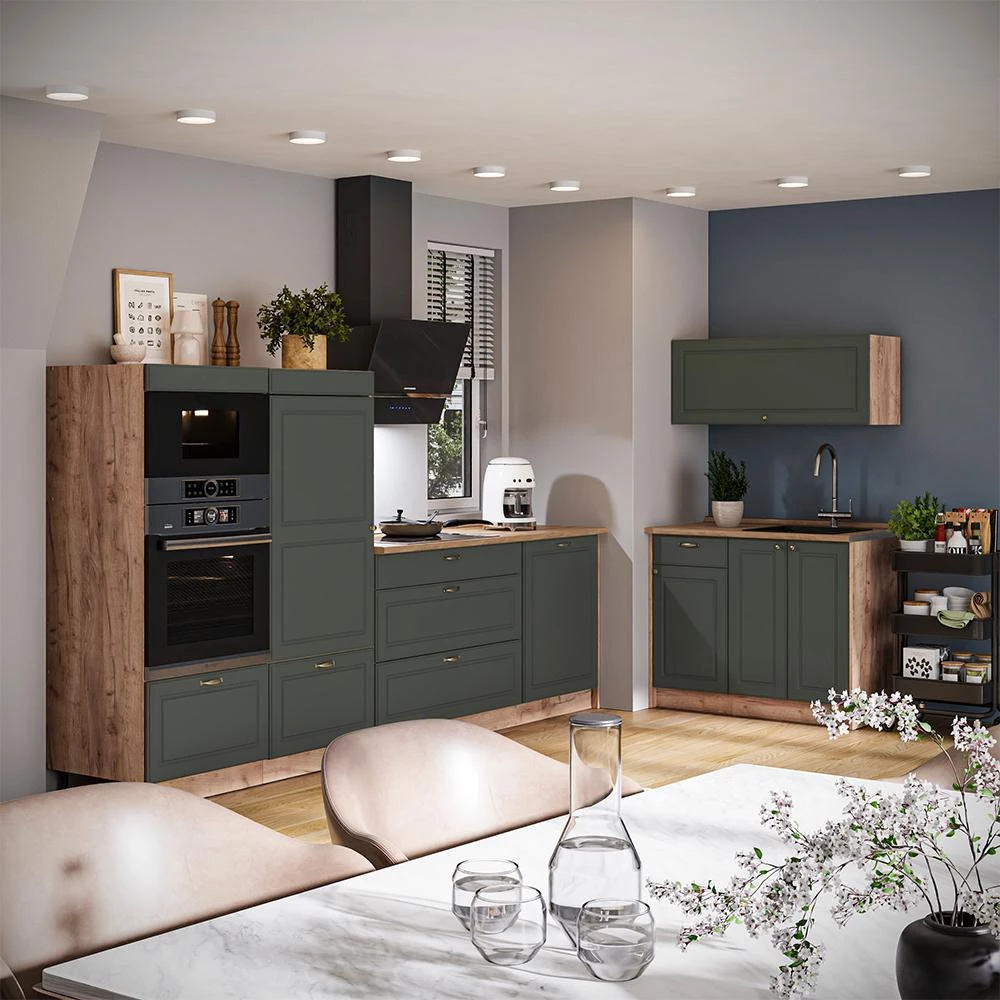 Cucina Fame-Line Verde-oro country/Rovere dorato 380 cm piano di lavoro Antracite Vicco