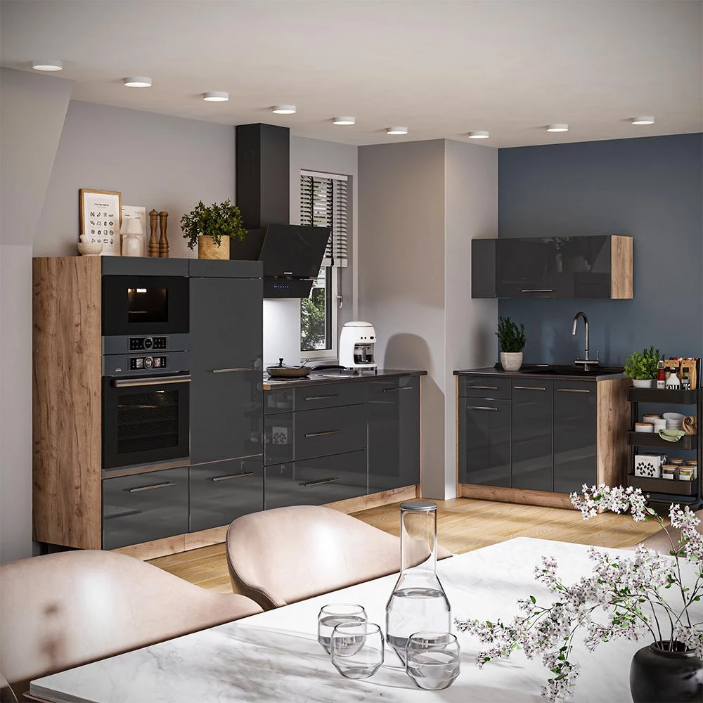 Cucina Fame-Line Antracite lucido/Rovere dorato 380 cm piano di lavoro Antracite Vicco
