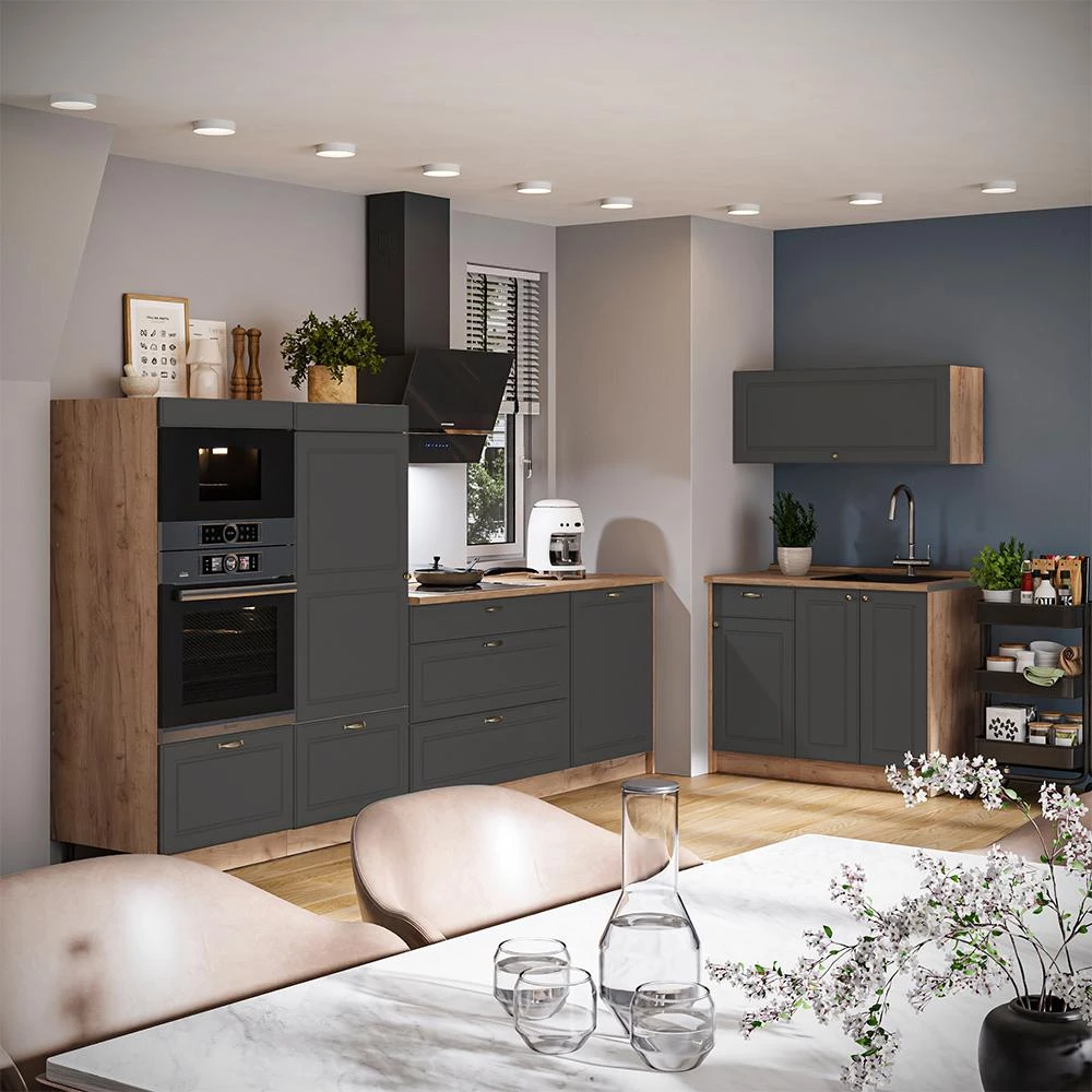 Cucina Fame-Line Oro-antracite country/Rovere dorato 380 cm senza piano di lavoro Vicco