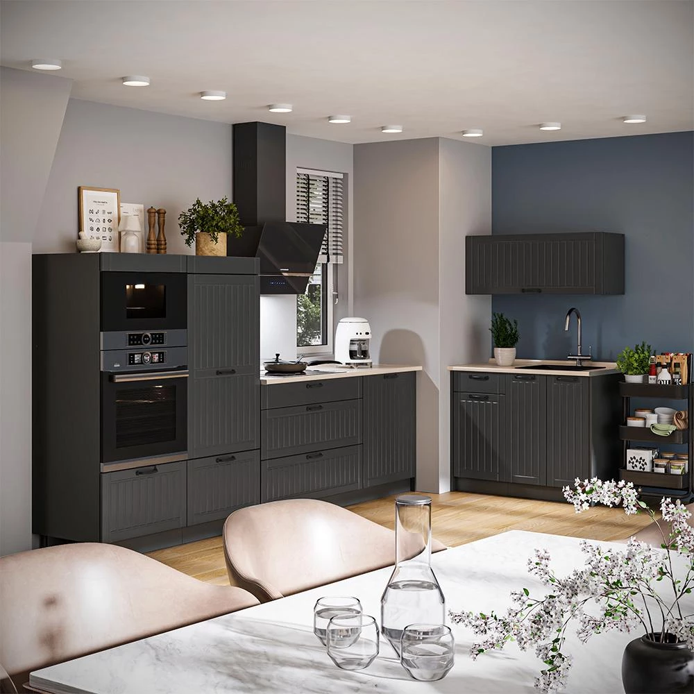 Cuisine Fame-Line Gris foncé/Anthracite 380cm plan de travail Marbre Vicco