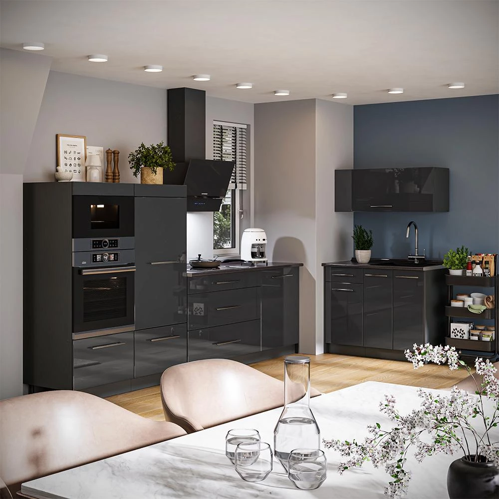Cuisine Fame-Line Anthracite Haute brillance/Anthracite 380cm plan de travail Chêne doré Vicco