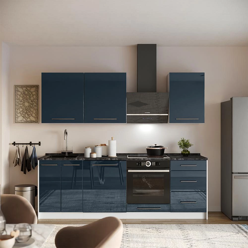 Cucina componibile Fame-Line Blu scuro lucido/Bianco 230 cm senza piano di lavoro Vicco