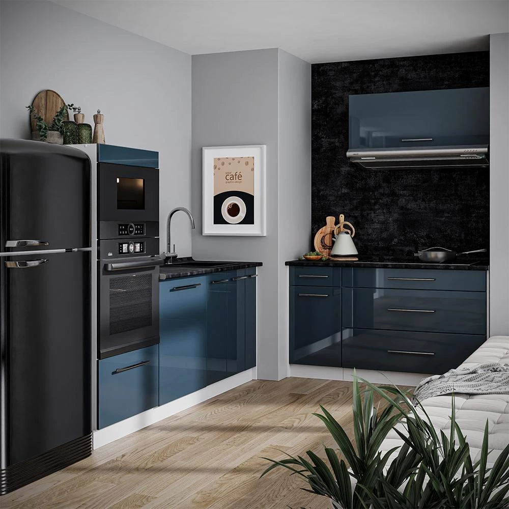 Cuisine Fame-Line Bleu foncé brillant/Blanc 340cm, PT Marbre Vicco