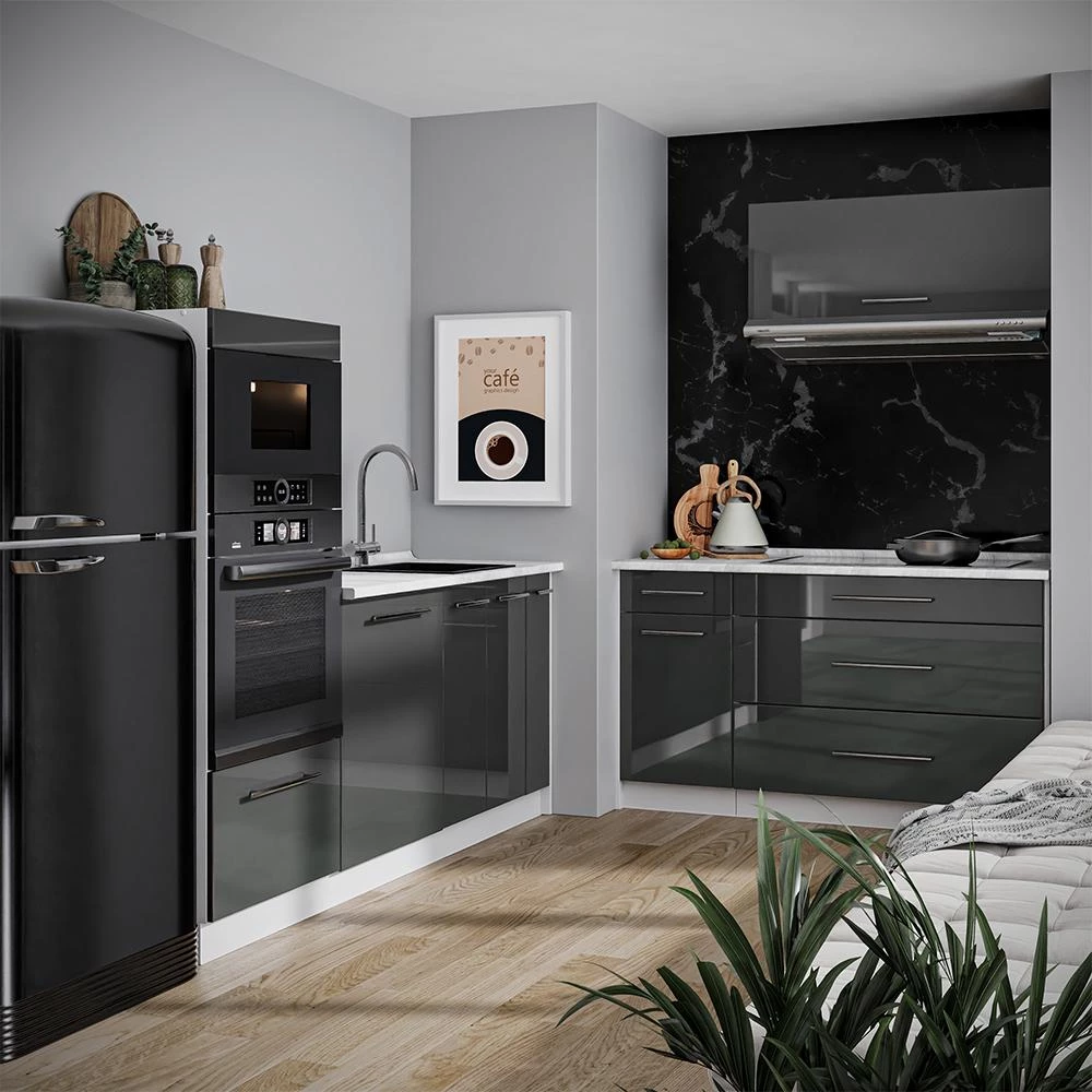 Cuisine Fame-Line Anthracite Haute brillance/Blanc 340cm, PT Marbre Vicco