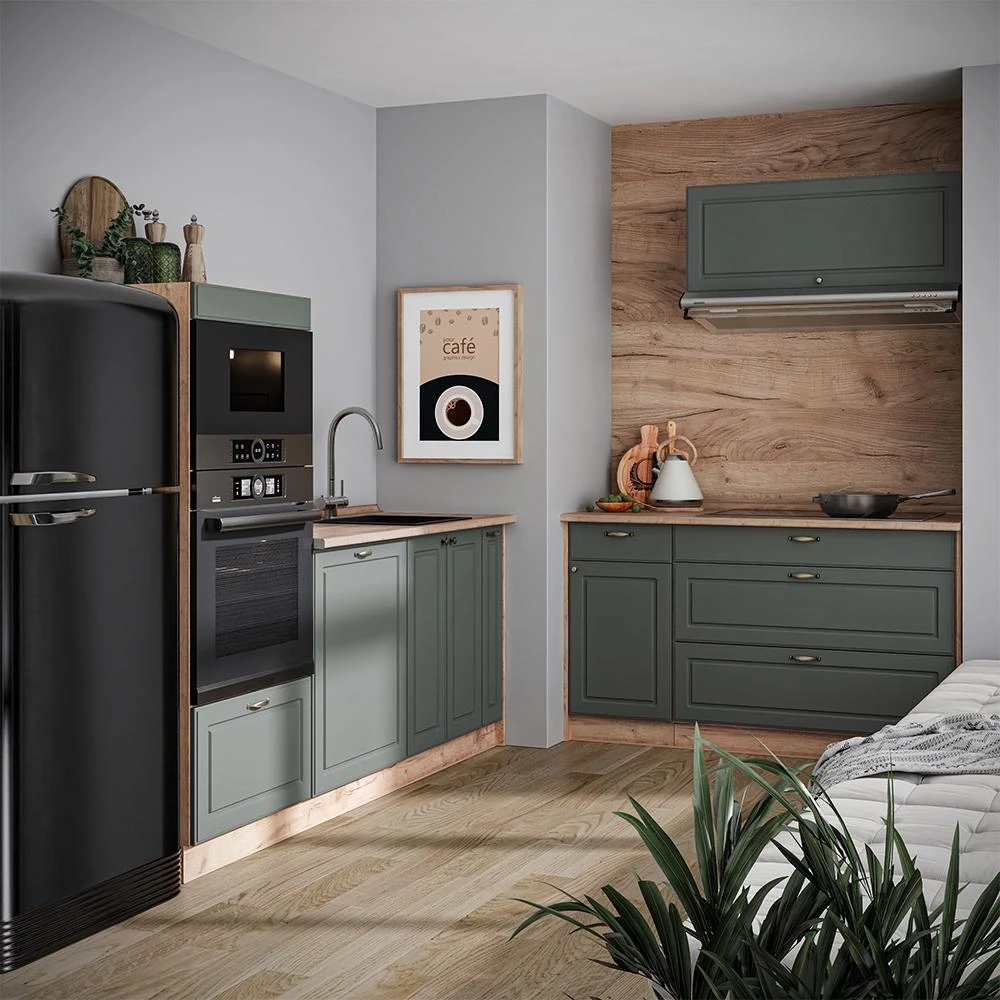Cucina Fame-Line Verde-oro country/Rovere dorato 340 cm senza piano di lavoro Vicco