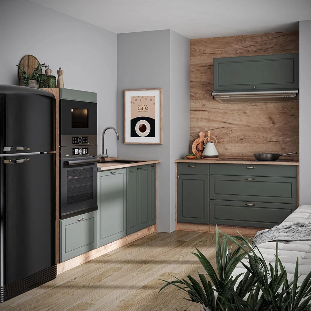 Cucina Fame-Line Verde-oro country/Rovere dorato 340 cm piano di lavoro Antracite Vicco