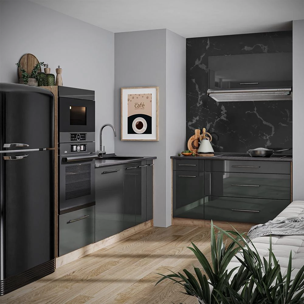 Cucina Fame-Line Antracite lucido/Rovere dorato 340 cm senza piano di lavoro Vicco