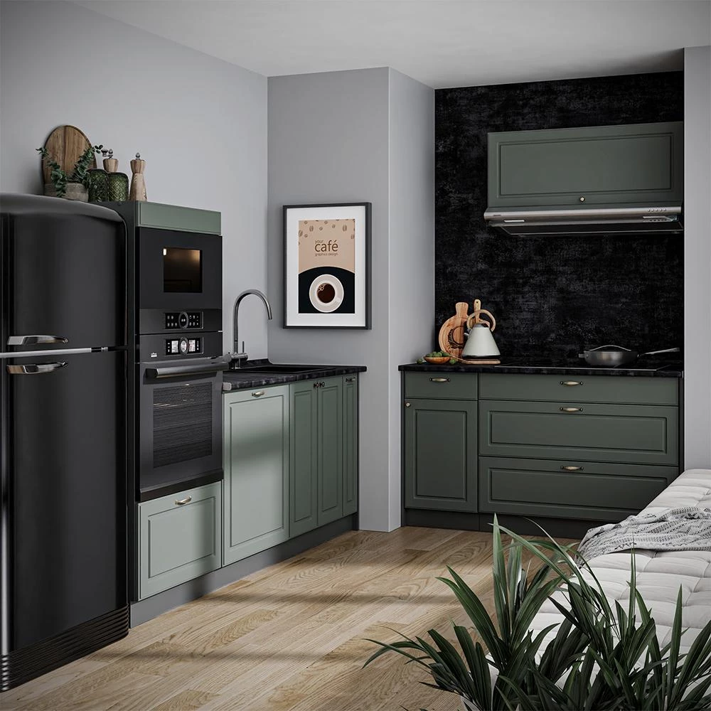 Cuisine Fame-Line Vert Or Campagne/Anthracite 340cm plan de travail Chêne doré Vicco