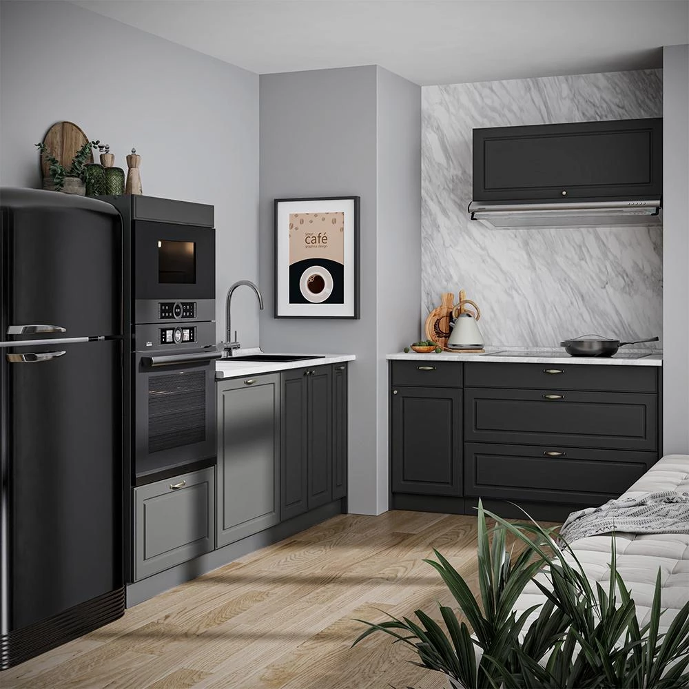 Cuisine Fame-Line Anthrazit-Gold Landhaus/Anthracite 340cm plan de travail Chêne doré Vicco