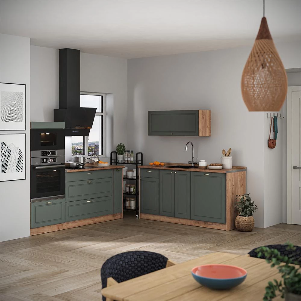Cucina Fame-Line Verde-oro country/Rovere dorato 340 cm senza piano di lavoro Vicco