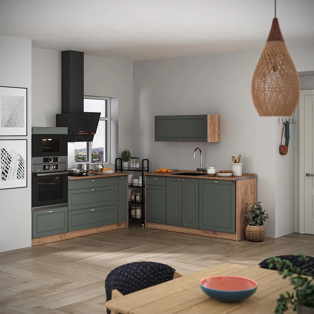 Cucina Fame-Line Verde-oro country/Rovere dorato 340 cm piano di lavoro Antracite Vicco