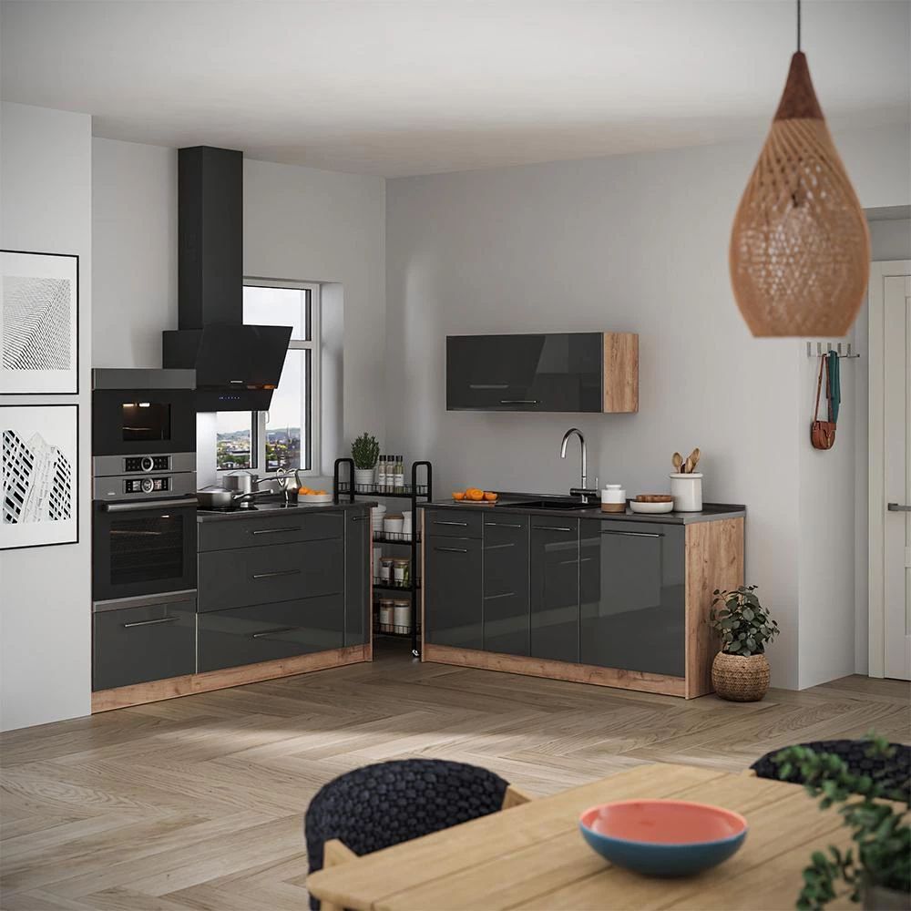 Cucina Fame-Line Antracite lucido/Rovere dorato 340 cm senza piano di lavoro Vicco