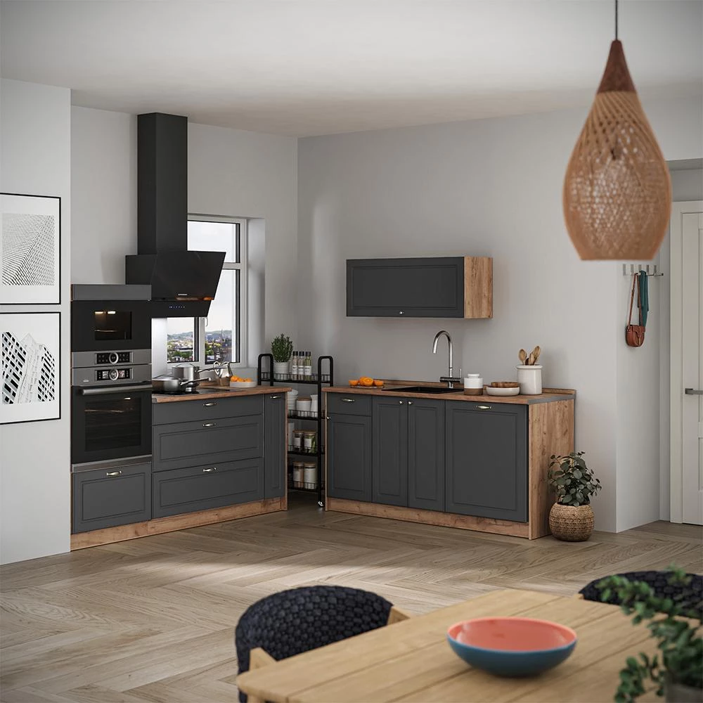 Cucina Fame-Line Oro-antracite country/Rovere dorato 340 cm senza piano di lavoro Vicco