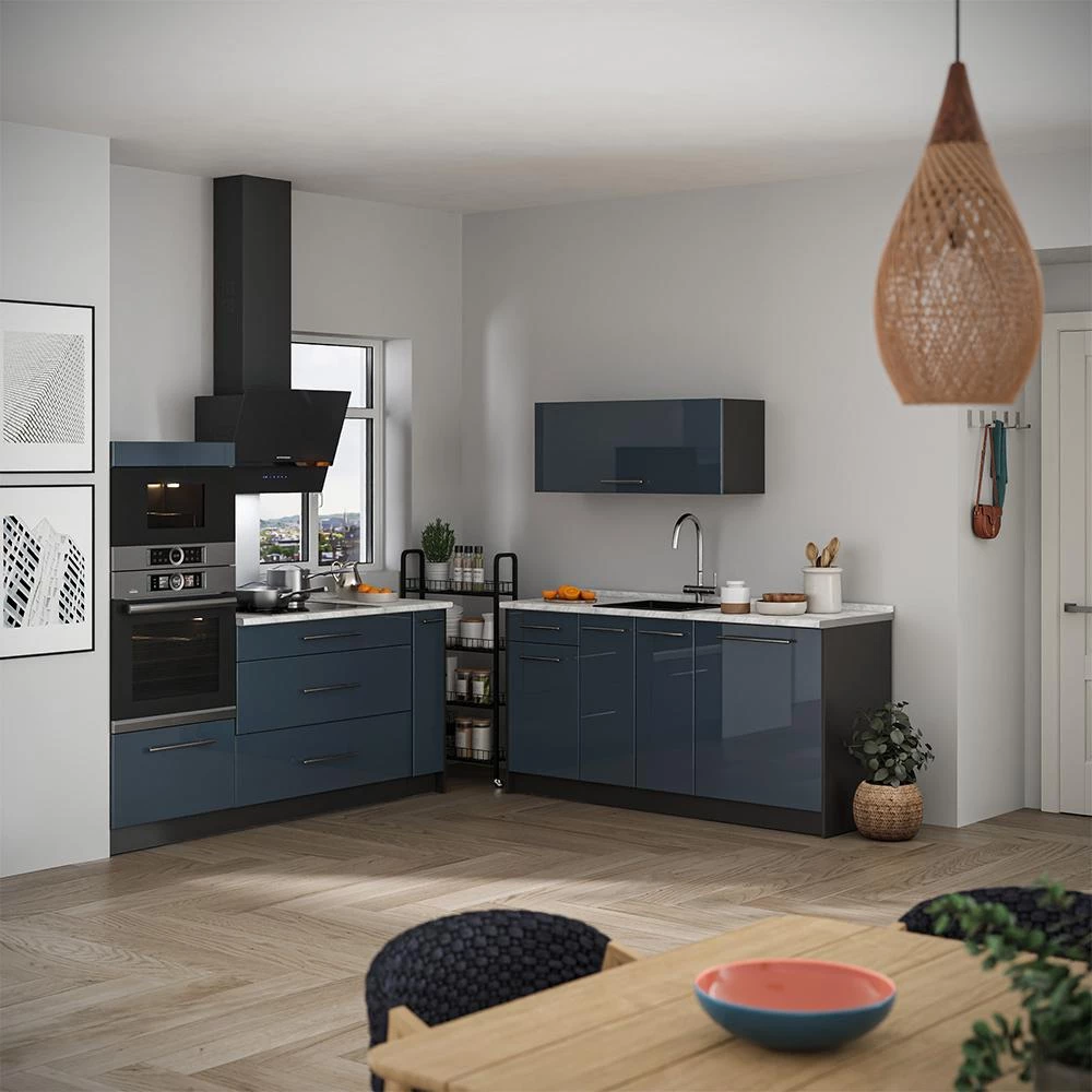 Cucina Fame-Line Blu scuro lucido/Antracite 340 cm senza piano di lavoro Vicco