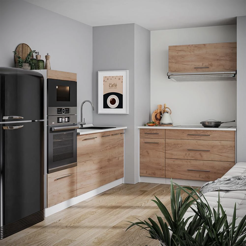 Cucina Fame-Line Rovere dorato/Bianco 340 cm senza piano di lavoro Vicco