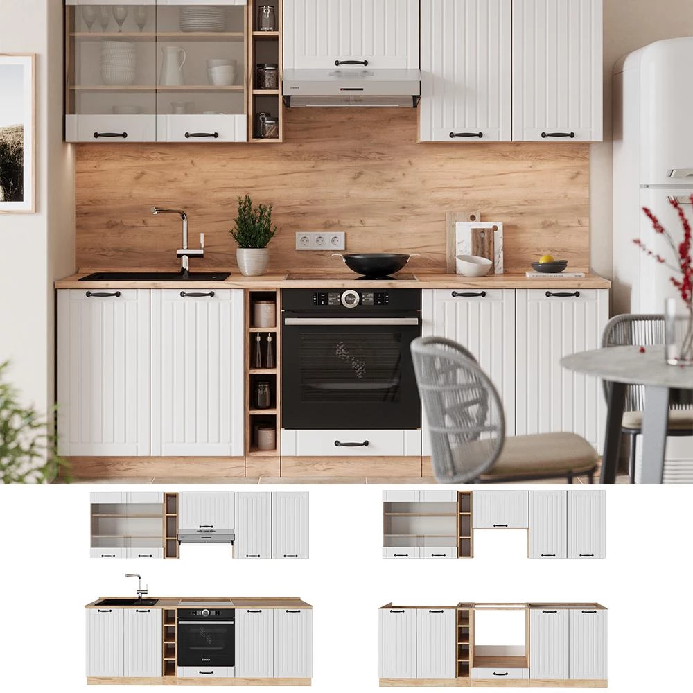 Cucina componibile Fame-Line Bianco country/Rovere dorato 235 cm piano di lavoro Marmo Vicco