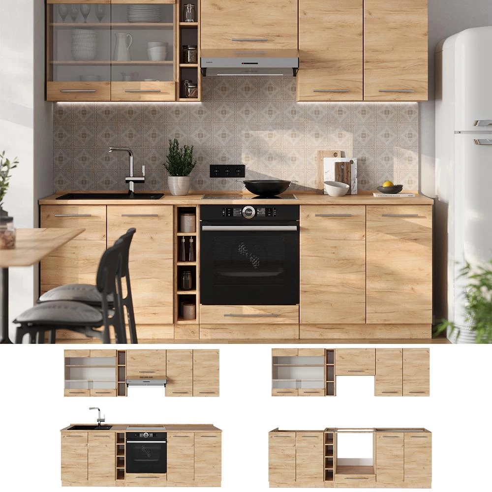 Cucina componibile Fame-Line Rovere dorato/Rovere dorato 235 cm piano di lavoro Antracite Vicco