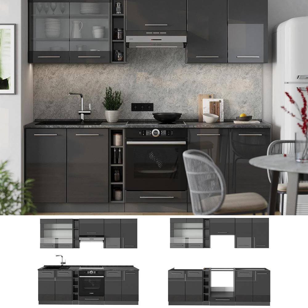 Cucina componibile Fame-Line Antracite lucido/Antracite 235 cm piano di lavoro Marmo Vicco