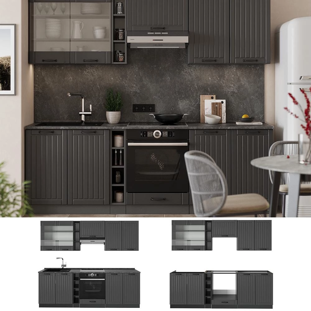 Cucina componibile Fame-Line Grigio scuro/Antracite 235 cm piano di lavoro Antracite Vicco