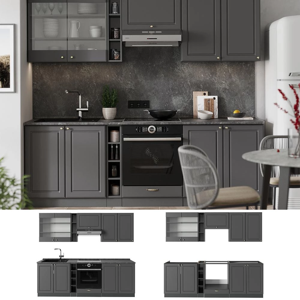 Cucina componibile Fame-Line Oro-antracite country/Antracite 235 cm piano di lavoro Antracite Vicco