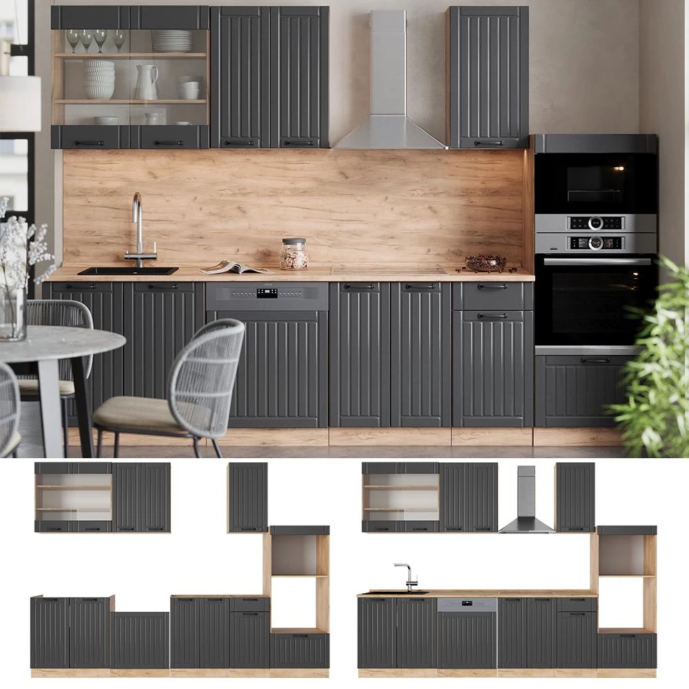 Cucina componibile Fame-Line Grigio scuro/Rovere dorato 300 cm piano di lavoro Antracite Vicco