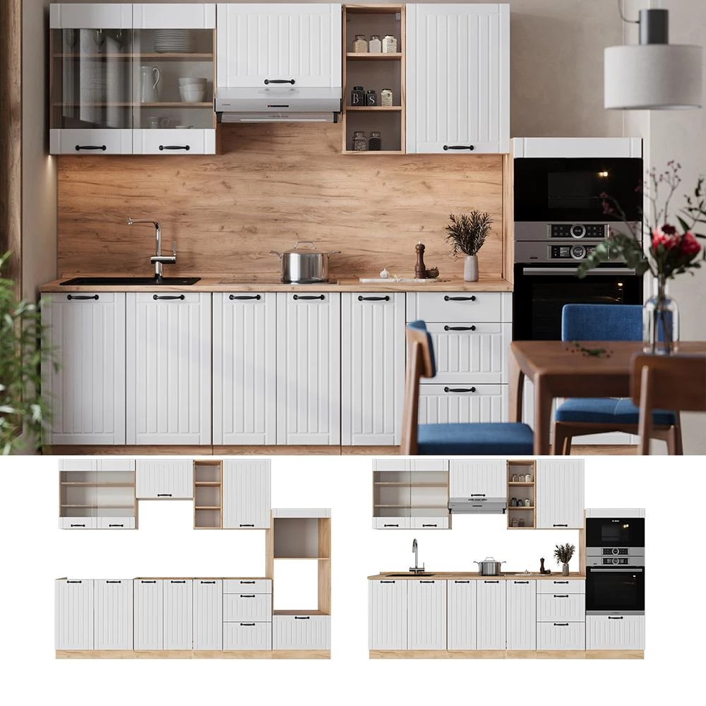 Cucina componibile Fame-Line Bianco country/Rovere dorato 280 cm piano di lavoro Rovere dorato Vicco
