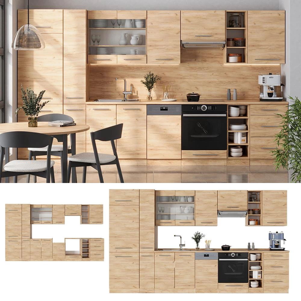 Cucina componibile Fame-Line Rovere dorato/Rovere dorato 355 cm piano di lavoro Marmo Vicco