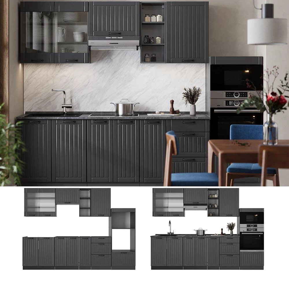 Cucina componibile Fame-Line Grigio scuro/Antracite 280 cm senza piano di lavoro Vicco