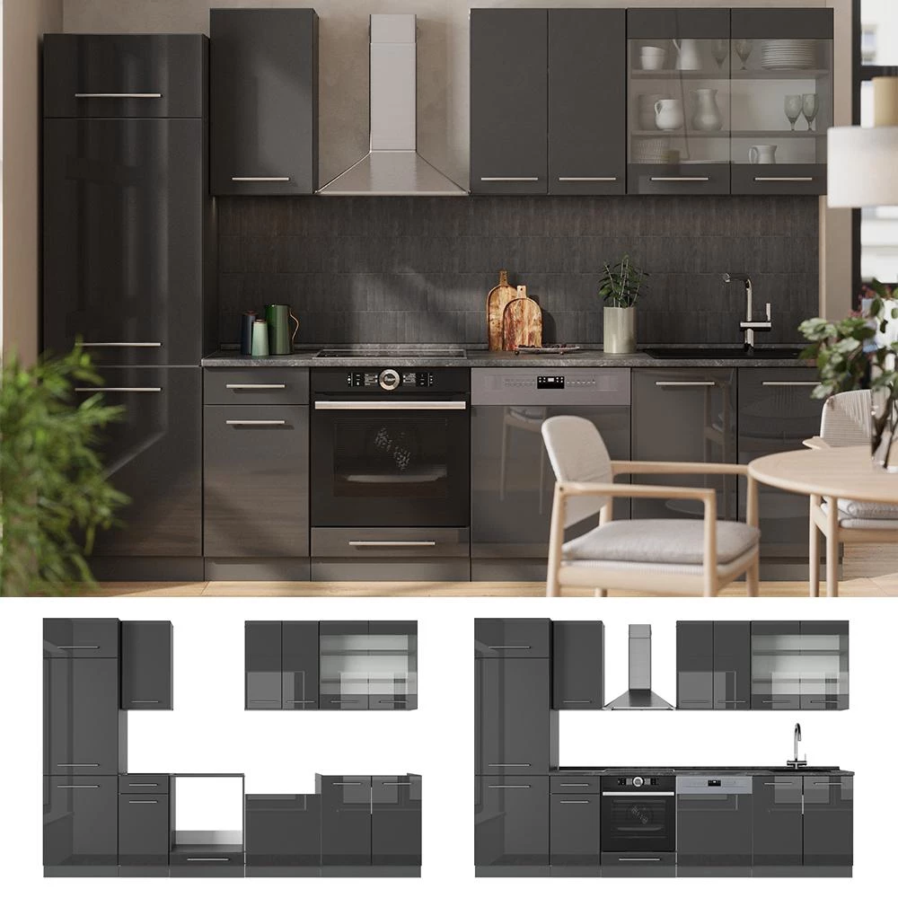 Cucina componibile Fame-Line Antracite lucido/Antracite 300 cm piano di lavoro Rovere dorato Vicco