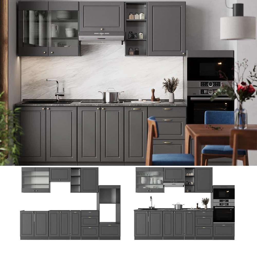 Cucina componibile Fame-Line Oro-antracite country/Antracite 280 cm piano di lavoro Rovere dorato Vicco