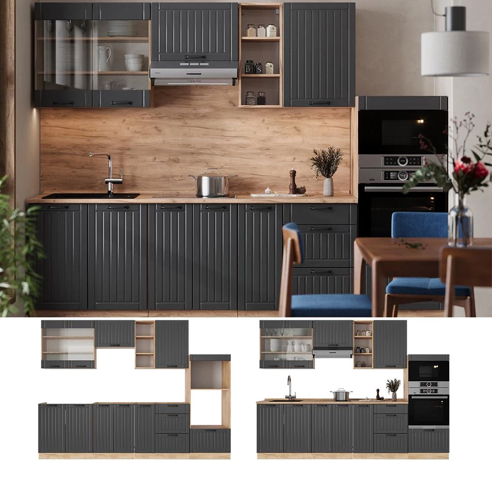 Cucina componibile Fame-Line Grigio scuro/Rovere dorato 280 cm piano di lavoro Rovere dorato Vicco