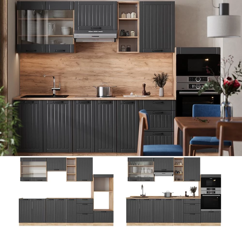 Cucina componibile Fame-Line Grigio scuro/Rovere dorato 280 cm senza piano di lavoro Vicco