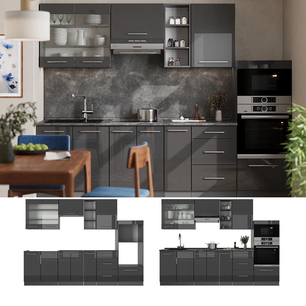 Cucina componibile Fame-Line Antracite lucido/Antracite 280 cm piano di lavoro Antracite Vicco