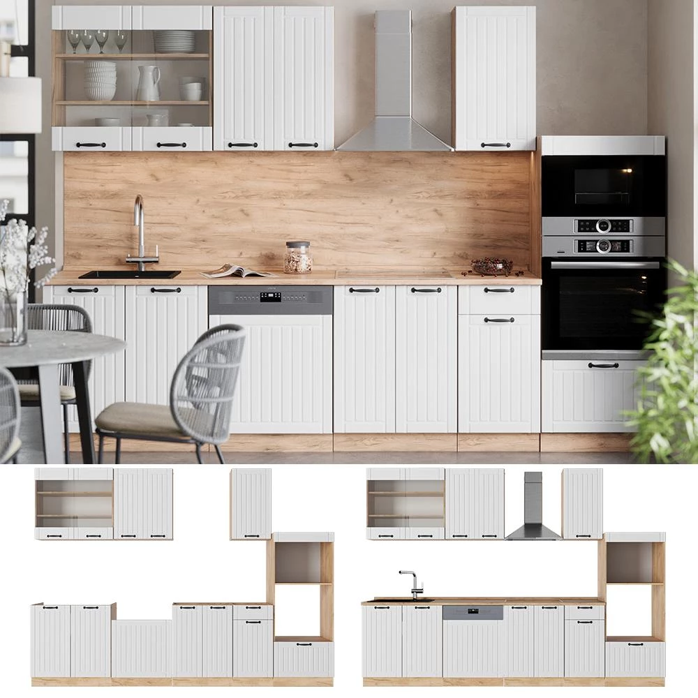 Cucina componibile Fame-Line Bianco country/Rovere dorato 300 cm piano di lavoro Antracite Vicco