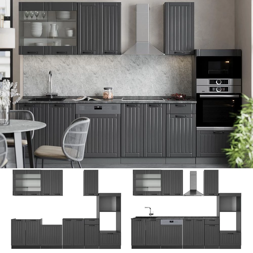 Cucina componibile Fame-Line Grigio scuro/Antracite 300 cm senza piano di lavoro Vicco