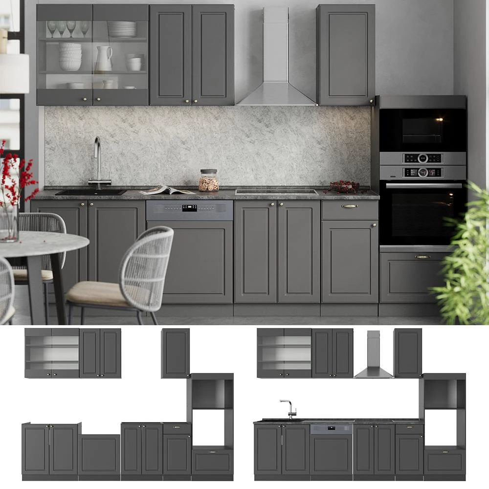 Cuisine Fame-Line Anthrazit-Gold Landhaus 300cm avec armoire haute, PT Marbre Vicco