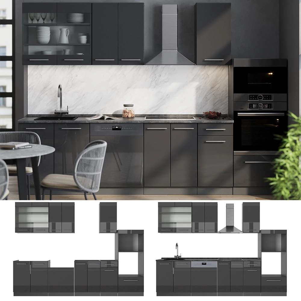 Cuisine Fame-Line Anthracite Haute brillance 300cm avec armoire haute, PT Chêne Vicco