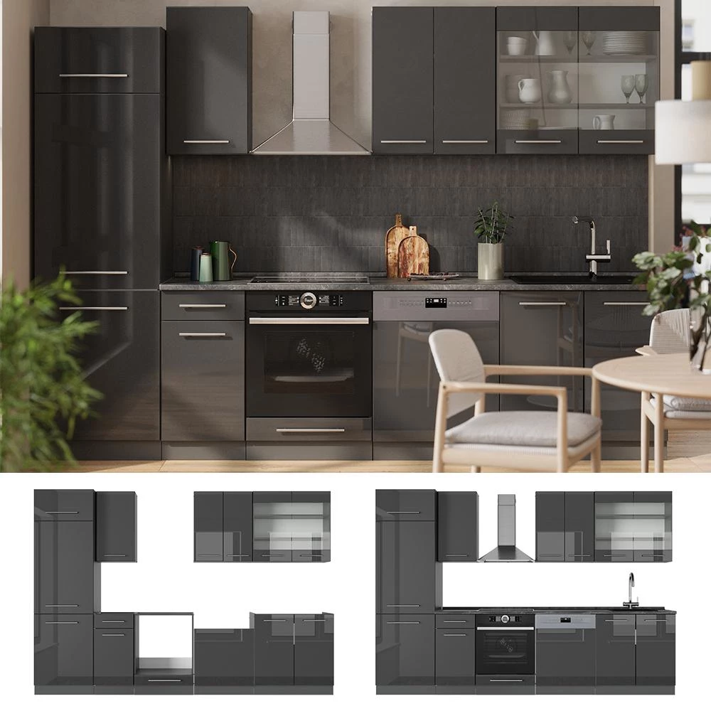Cucina componibile Fame-Line Antracite lucido/Antracite 300 cm piano di lavoro Marmo Vicco