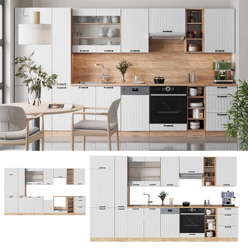 Cucina componibile Fame-Line Bianco country/Rovere dorato 355 cm piano di lavoro Rovere dorato Vicco