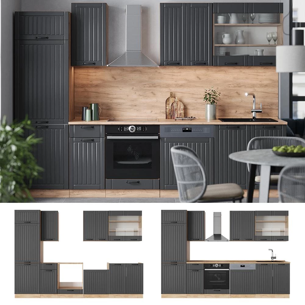 Cucina componibile Fame-Line Grigio scuro/Rovere dorato 300 cm piano di lavoro Rovere dorato Vicco