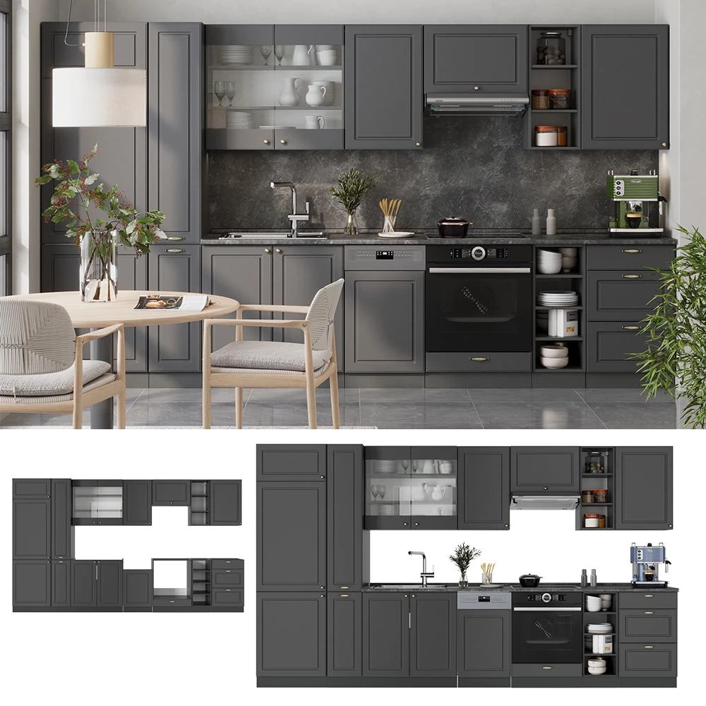 Cucina componibile Fame-Line Oro-antracite country/Antracite 355 cm senza piano di lavoro Vicco